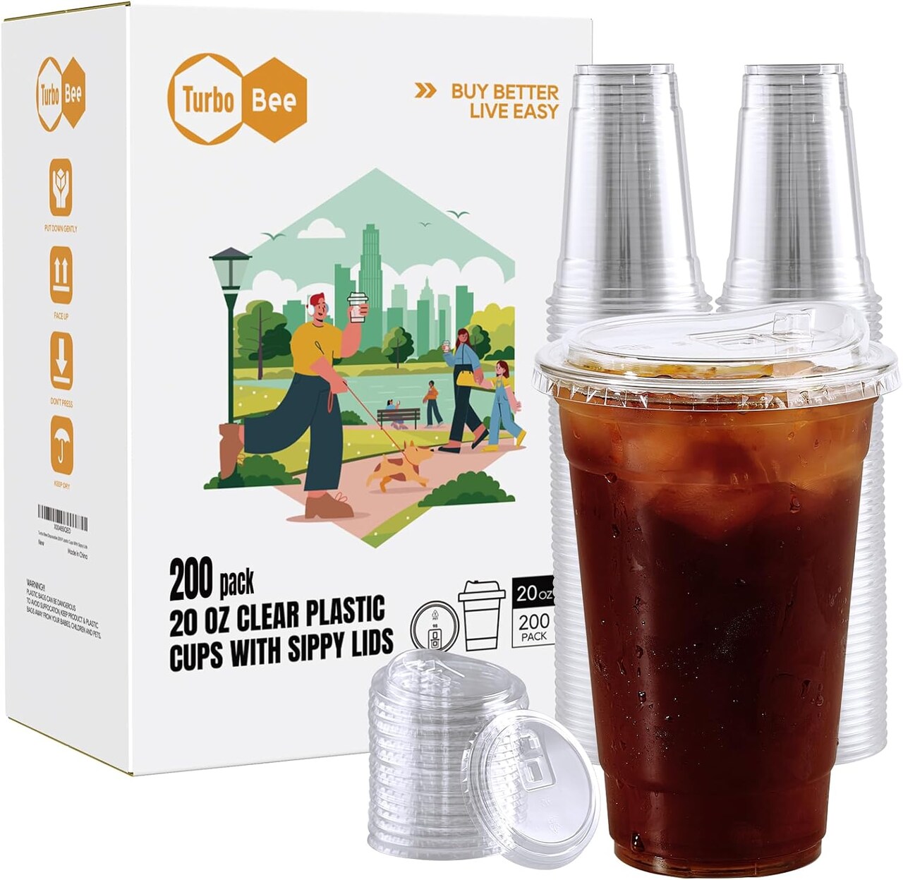 20 OZ 200 Sets Clear Plastic Cups with Strawless Sip Lids, To Go Crystal Clear Disposable Plastic Cups with Lids for Iced Coffee, Smoothies, Soda, Lemonade, Cold Beverage